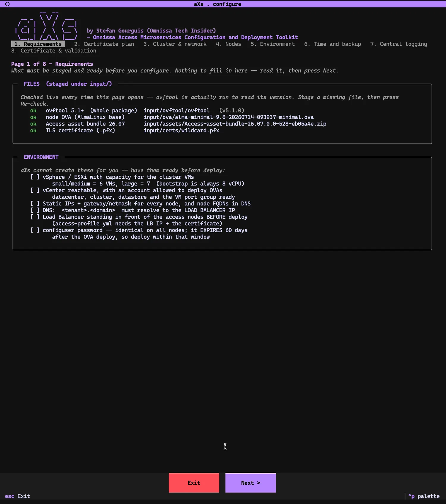 Page 1 of 8, Requirements: FILES box with four green 'ok' rows — ovftool 5.1+ (v5.1.0), node OVA alma-minimal-9.6, Access asset bundle 26.07.0.0-528, TLS certificate input/certs/wildcard.pfx — and an ENVIRONMENT checklist covering vSphere capacity, vCenter account, static IPs, DNS to the load balancer IP, LB standing before deploy, and the configuser password expiring 60 days after OVA deploy.
