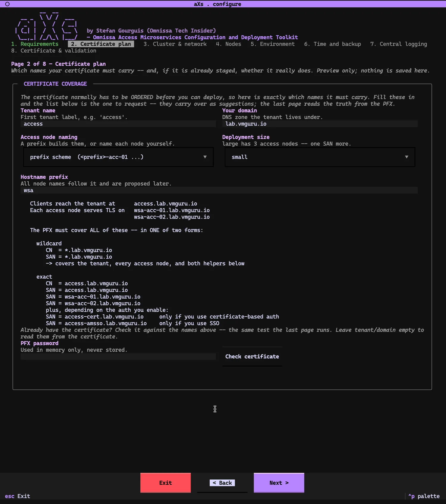 Page 2 of 8, Certificate plan: tenant name 'access', domain 'lab.vmguru.io', prefix scheme with hostname prefix 'wsa', deployment size small. The page lists the names the PFX must cover — access.lab.vmguru.io, wsa-acc-01/02.lab.vmguru.io — in wildcard or exact-SAN form, plus optional SANs access-cert and access-amsso, and offers a PFX password field with a Check certificate button.