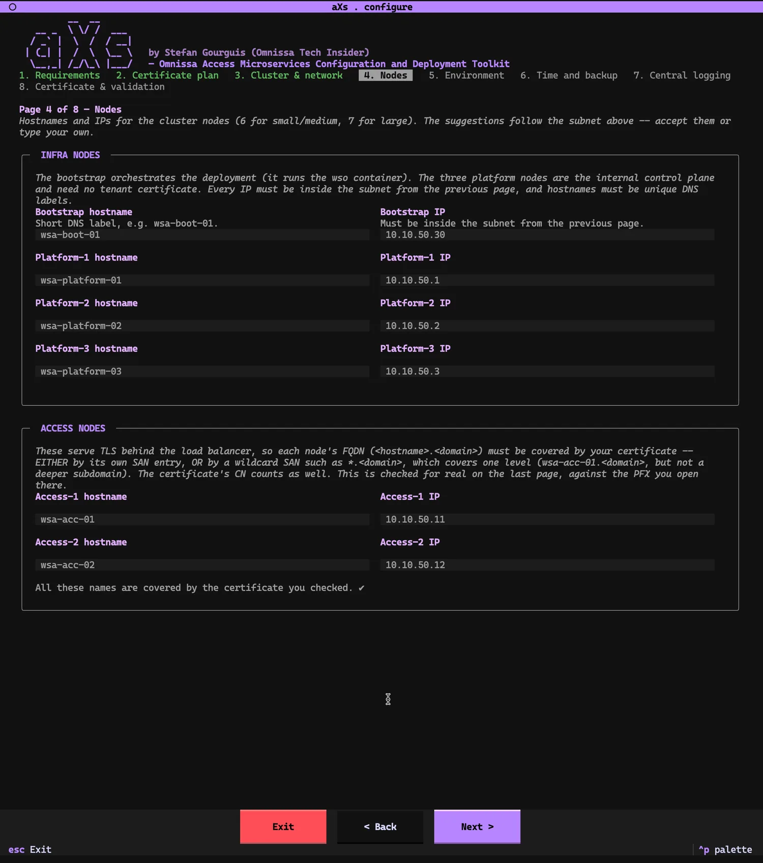 Page 4 of 8, Nodes: infra nodes wsa-boot-01 (10.10.50.30) and wsa-platform-01/02/03 (10.10.50.1-3); access nodes wsa-acc-01 (10.10.50.11) and wsa-acc-02 (10.10.50.12). Bottom line: 'All these names are covered by the certificate you checked.'