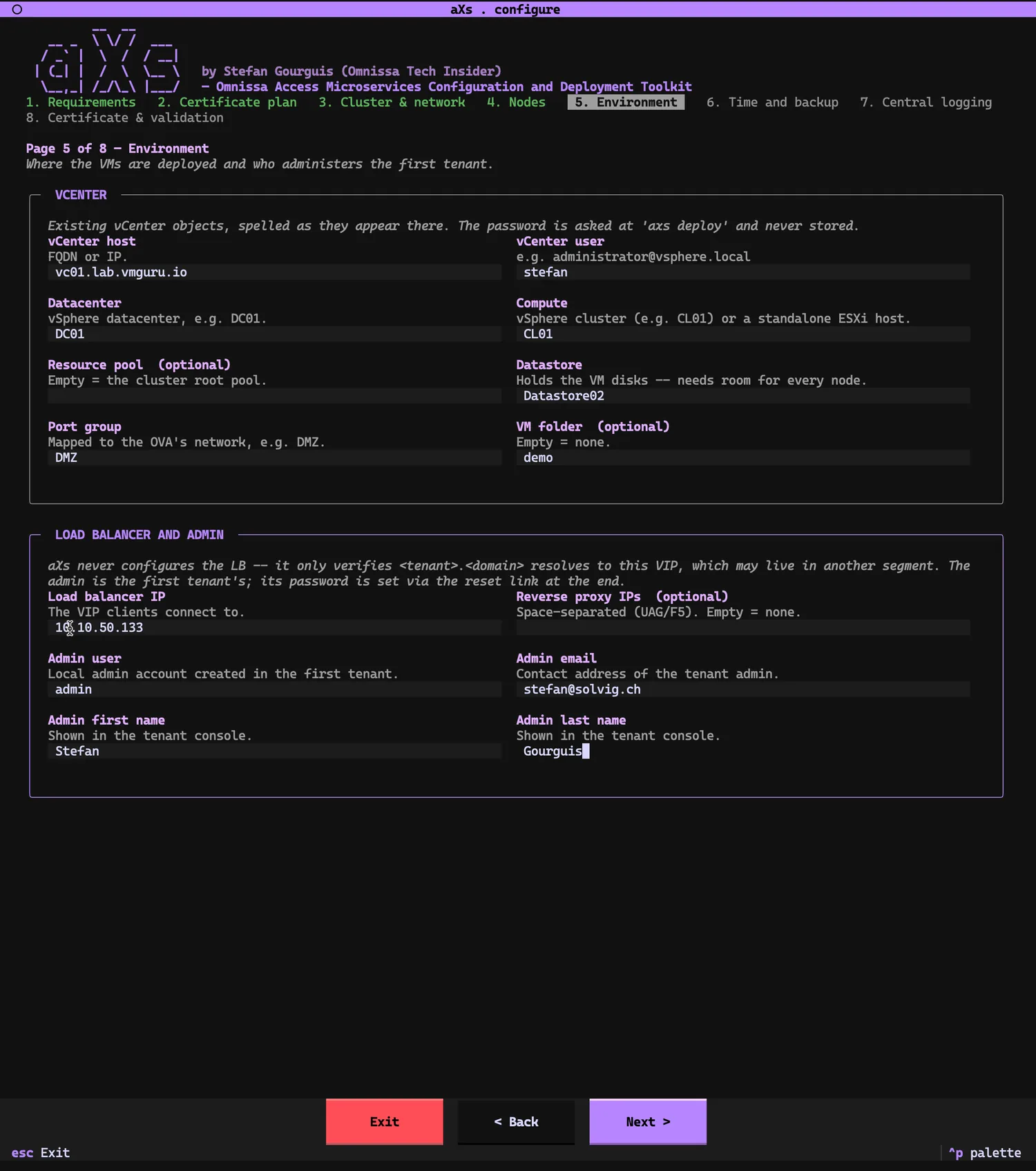 Page 5 of 8, Environment: vCenter host vc01.lab.vmguru.io, user stefan, datacenter DC01, compute CL01, datastore Datastore02, port group DMZ, VM folder demo. Load balancer and admin section: LB IP 10.10.50.133, admin user 'admin', email stefan@solvig.ch, first and last name Stefan Gourguis.