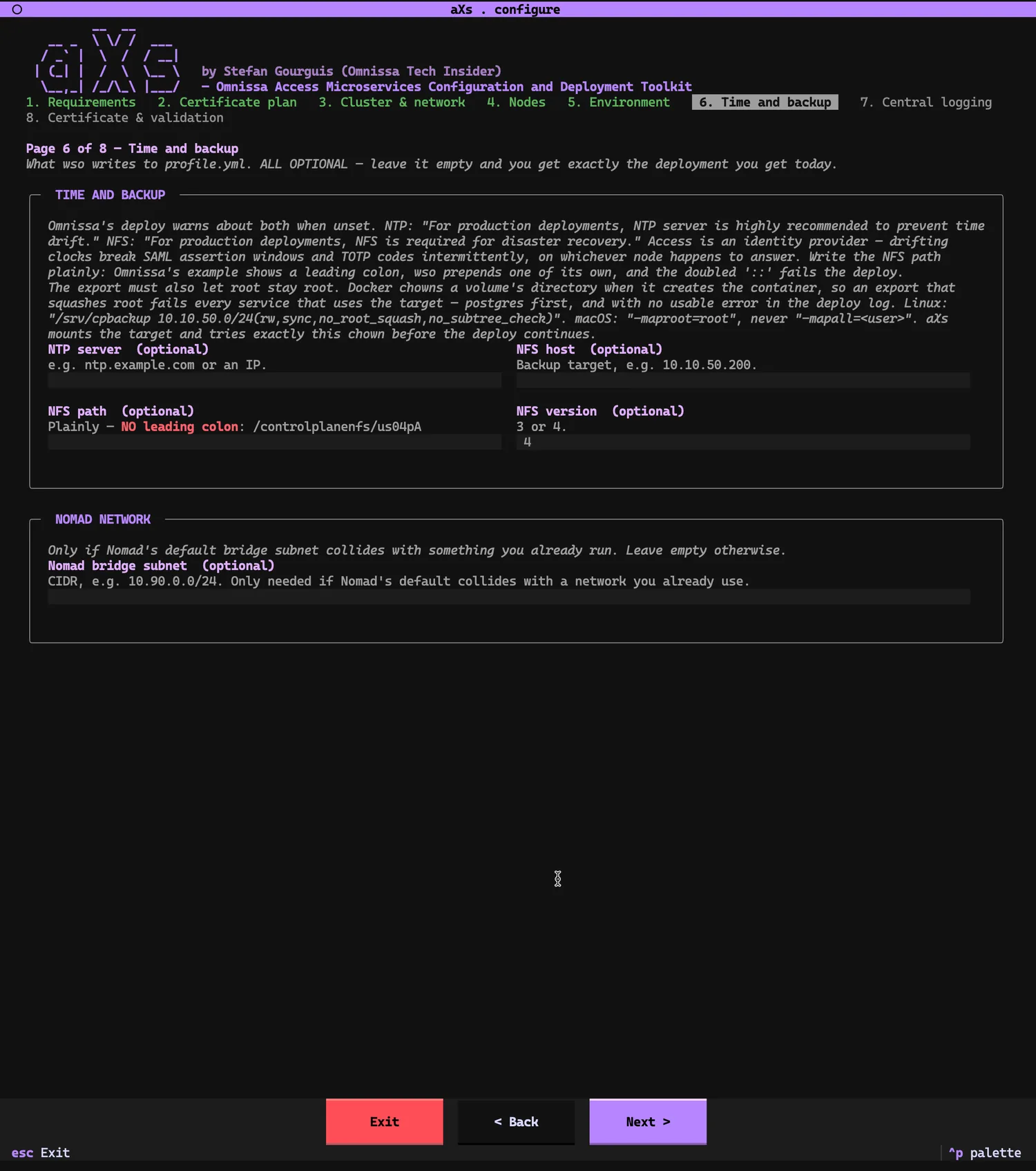 Page 6 of 8, Time and backup: optional NTP server, NFS host, NFS path (with the warning 'Plainly — NO leading colon'), NFS version, and an optional Nomad bridge subnet field. Header text quotes Omnissa on NTP being highly recommended and NFS required for disaster recovery, and explains the no_root_squash requirement.