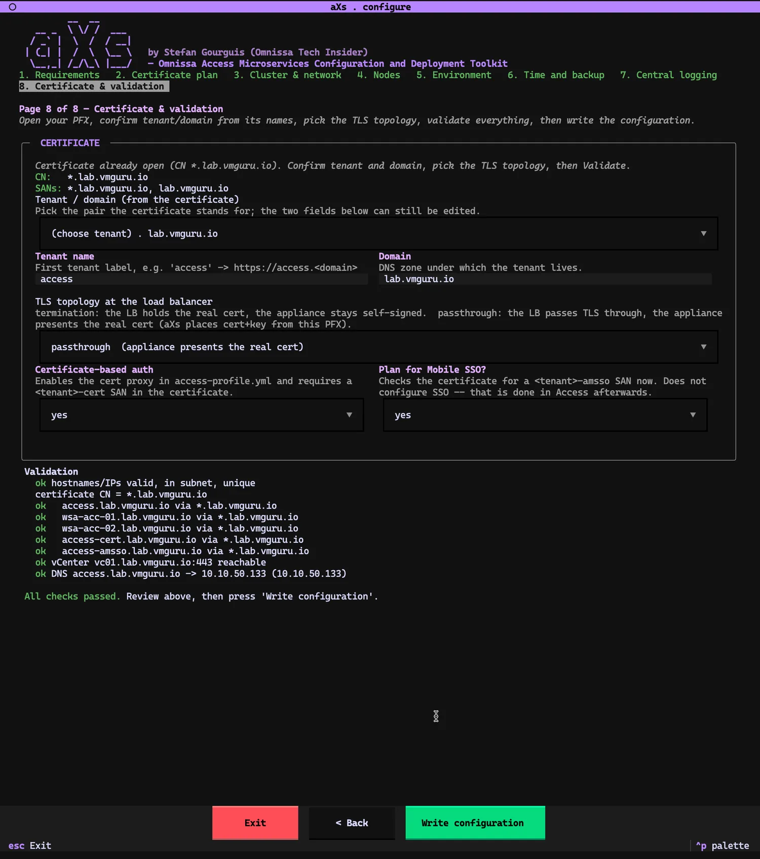 Page 8 of 8, Certificate & validation: certificate open with CN *.lab.vmguru.io, tenant 'access', domain lab.vmguru.io, TLS topology 'passthrough', certificate-based auth yes, Mobile SSO yes. Validation list all green: hostnames/IPs valid, five FQDNs covered via the wildcard, vCenter vc01.lab.vmguru.io:443 reachable, DNS access.lab.vmguru.io resolving to 10.10.50.133. Bottom: 'All checks passed. Review above, then press Write configuration' with a green Write configuration button.