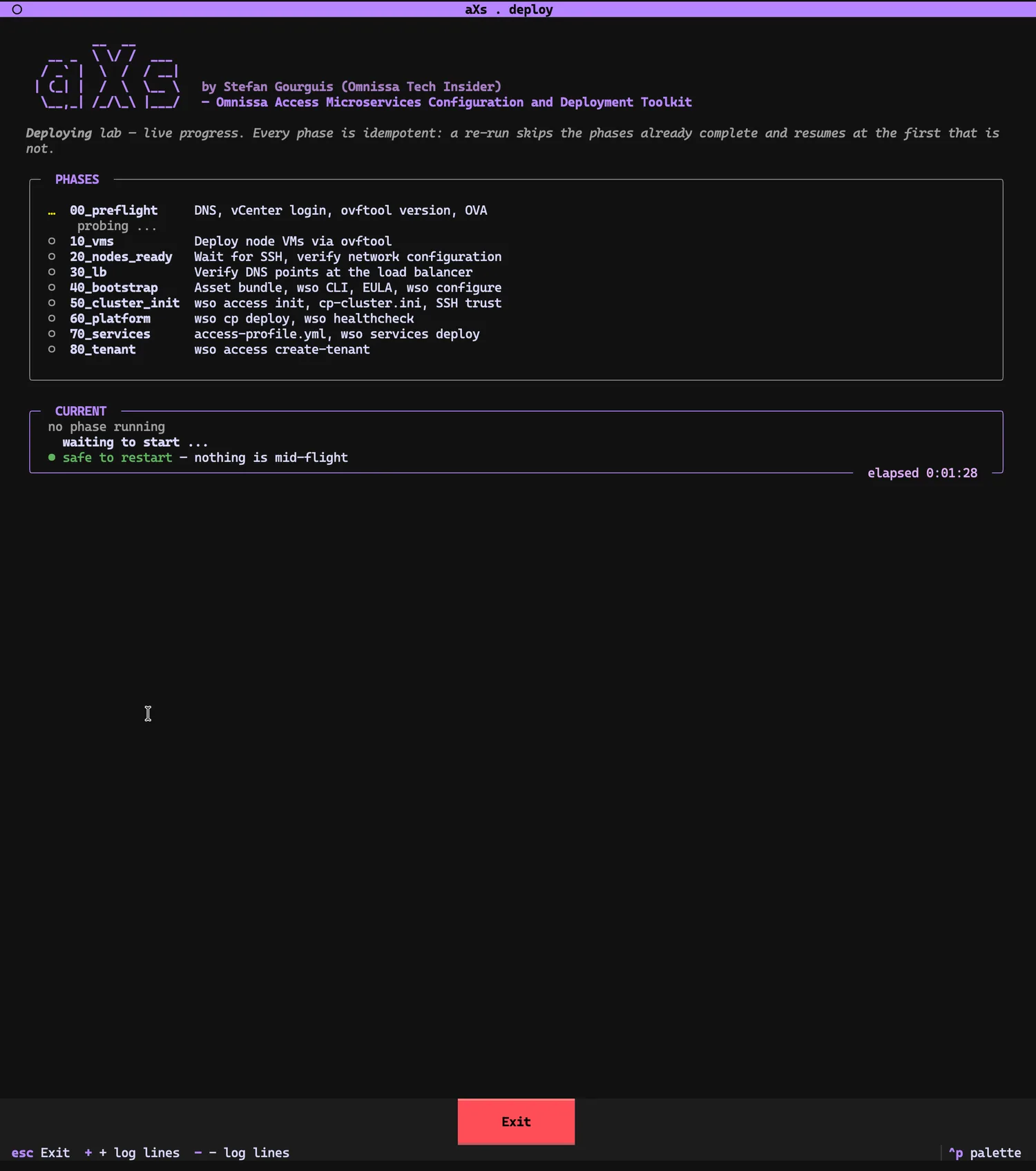aXs deploy phase board at start: nine phases listed from 00_preflight (probing) through 10_vms, 20_nodes_ready, 30_lb, 40_bootstrap, 50_cluster_init, 60_platform, 70_services to 80_tenant. CURRENT box: no phase running, waiting to start, green 'safe to restart — nothing is mid-flight'.