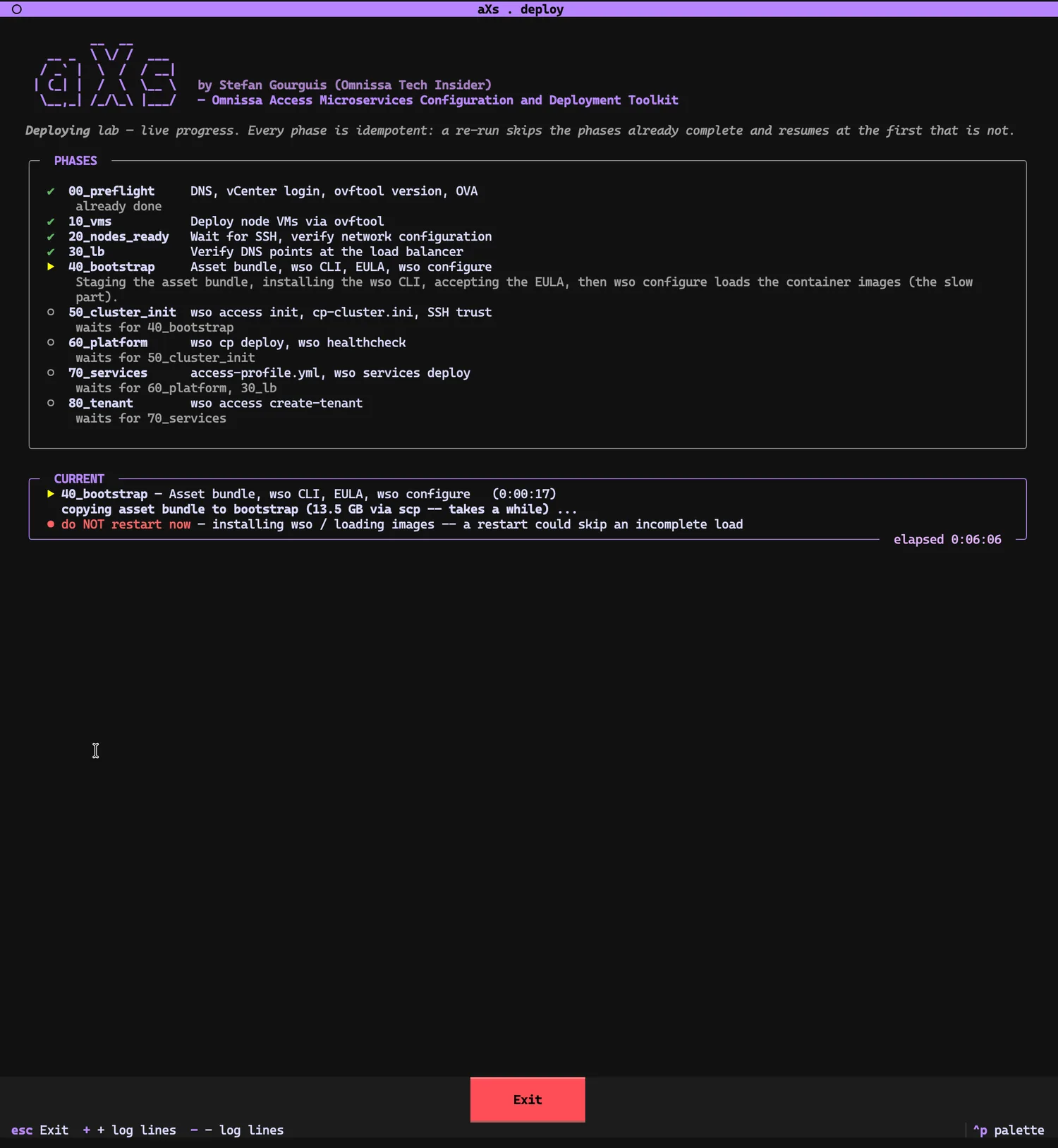 Phase board during 40_bootstrap: phases 00 through 30 checked, CURRENT shows 'copying asset bundle to bootstrap (13.5 GB via scp — takes a while)' with a red 'do NOT restart now — installing wso / loading images' warning. Elapsed 0:06:06.