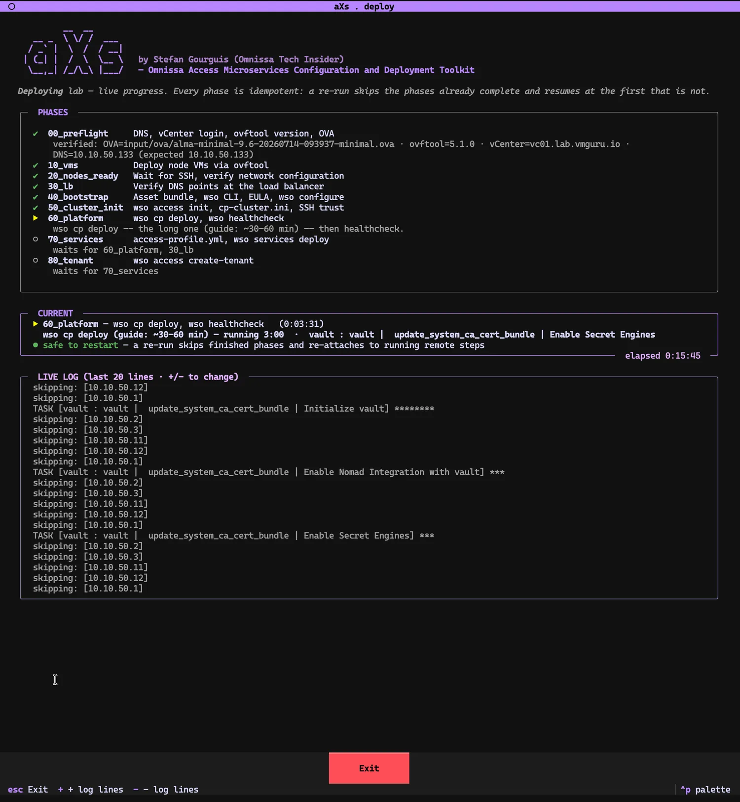 Phase board during 60_platform: phases 00 through 50 checked, CURRENT shows 'wso cp deploy (guide: ~30-60 min) — running 3:00 · vault : vault | update_system_ca_cert_bundle | Enable Secret Engines', green 'safe to restart'. Live log shows Ansible TASK lines for Vault initialization across the platform node IPs. Elapsed 0:15:45.
