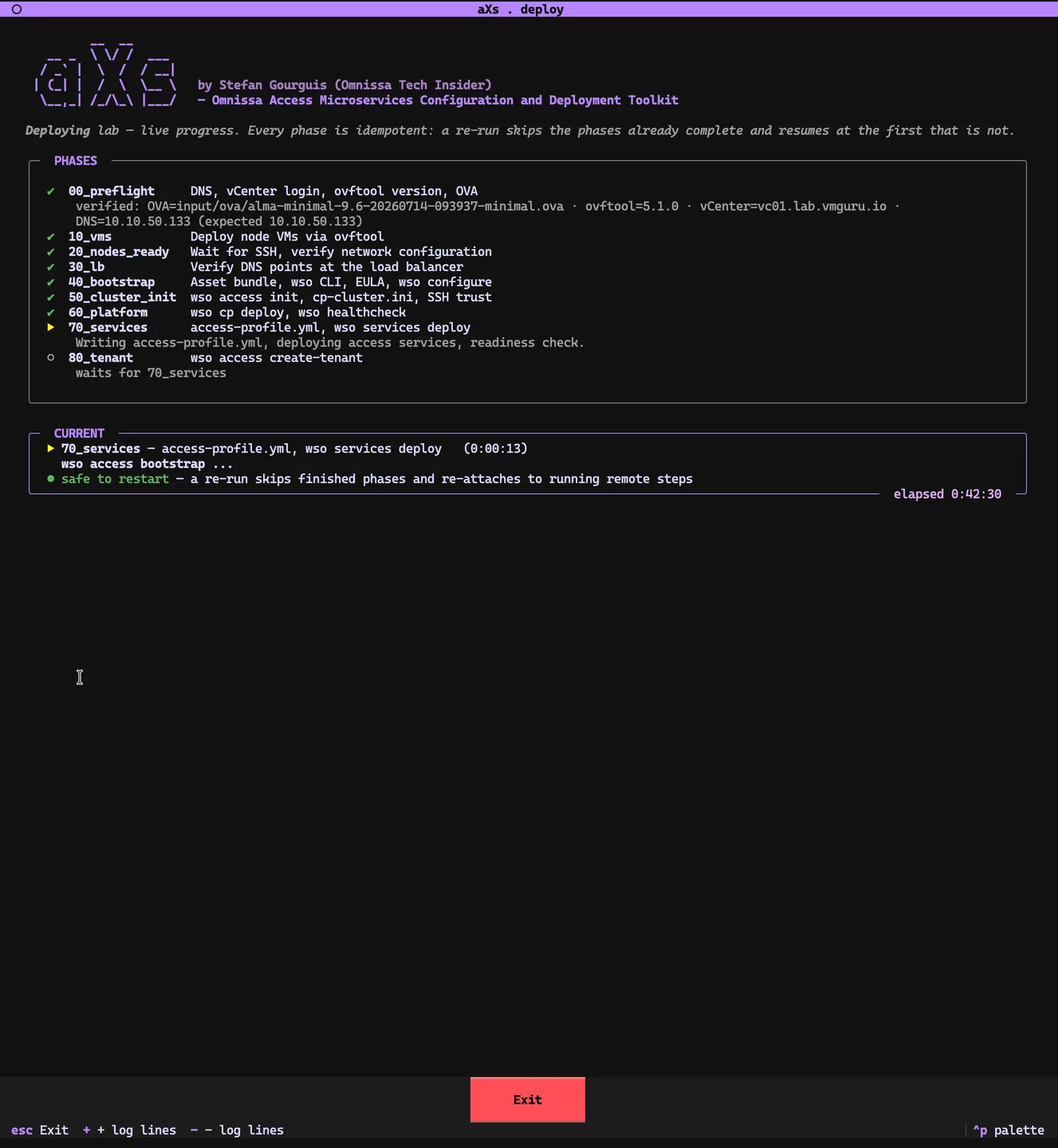 Phase board as 70_services starts: phases 00 through 60 checked, CURRENT shows '70_services — access-profile.yml, wso services deploy (0:00:13) — wso access bootstrap ...'. Elapsed 0:42:30.