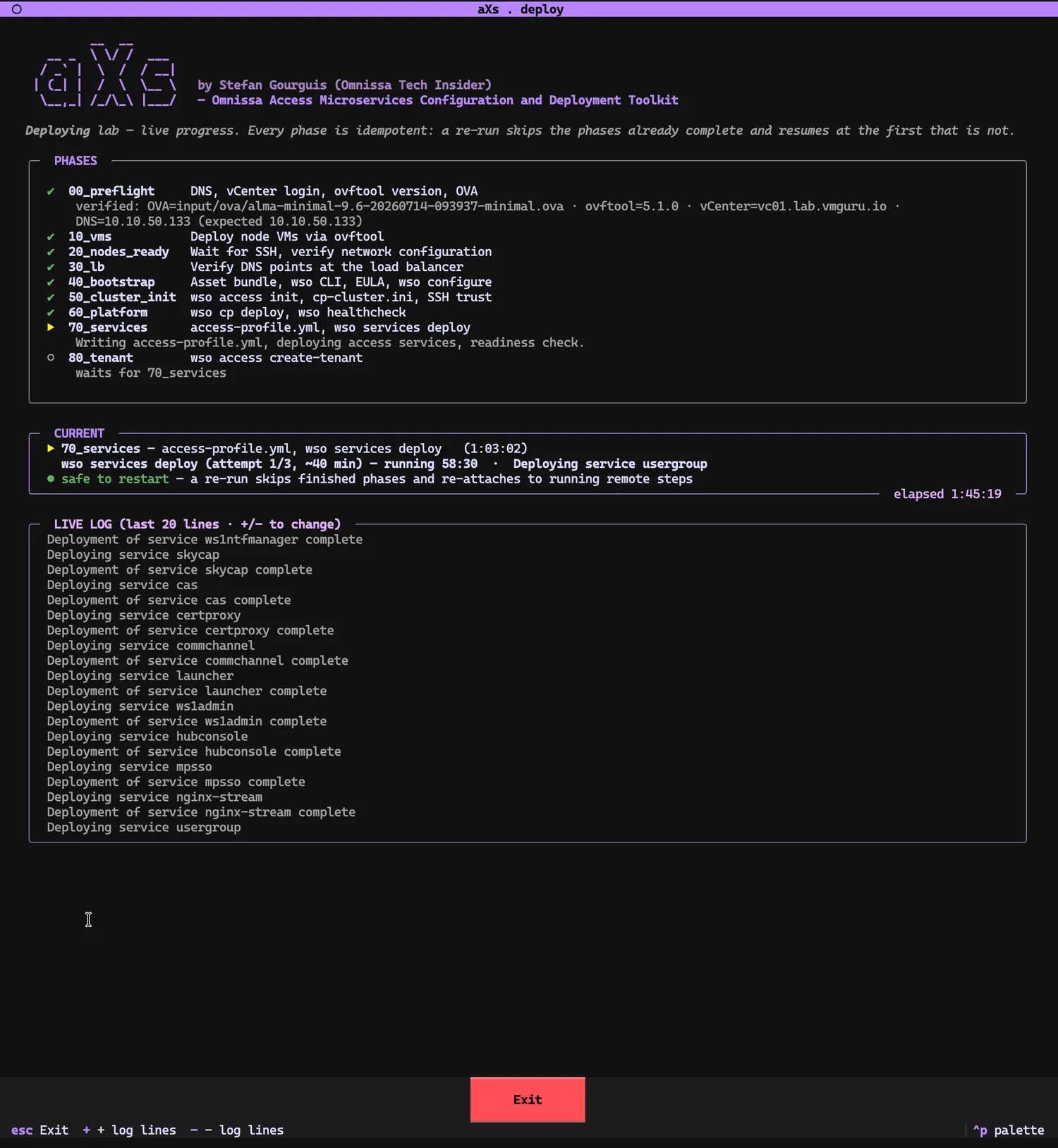 Phase board during 70_services: CURRENT shows 'wso services deploy (attempt 1/3, ~40 min) — running 58:30 · Deploying service usergroup'. The live log lists completed deployments: ws1ntfmanager, skycap, cas, certproxy, commchannel, launcher, ws1admin, hubconsole, mpsso, nginx-stream. Elapsed 1:45:19.