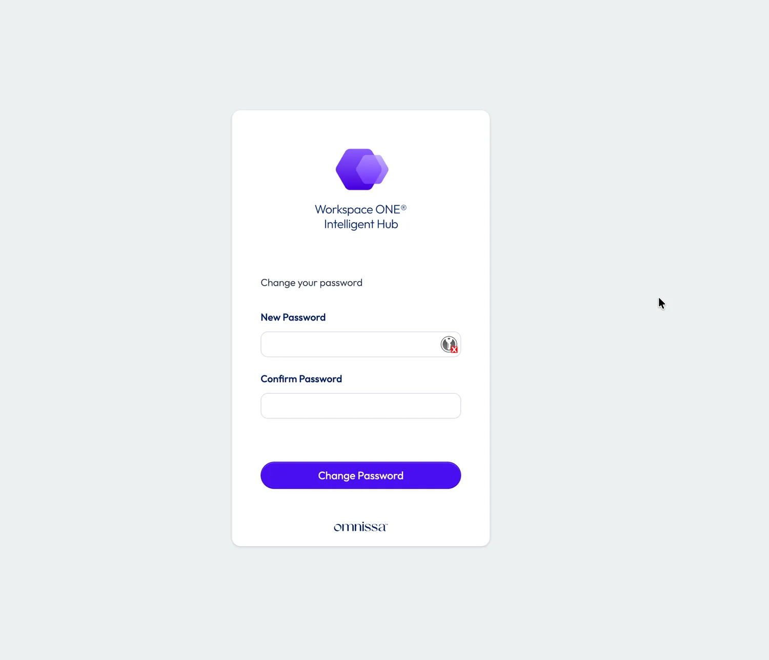 Workspace ONE Intelligent Hub 'Change your password' page with New Password and Confirm Password fields and a Change Password button, Omnissa branding at the bottom.
