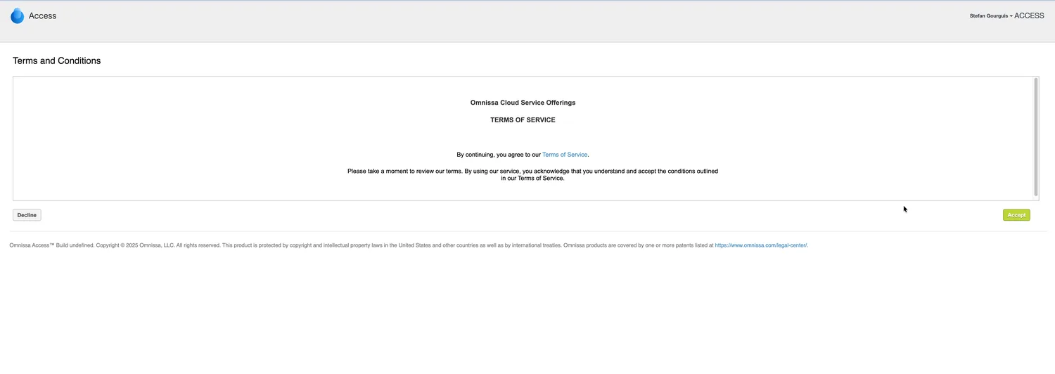Omnissa Access console Terms and Conditions page: 'Omnissa Cloud Service Offerings — TERMS OF SERVICE' with Decline and Accept buttons, logged in as Stefan Gourguis on tenant ACCESS.
