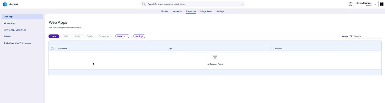 Omnissa Access admin console, Resources > Web Apps: empty list showing 'No Records Found' — a factory-fresh tenant, logged in as Stefan Gourguis on tenant 'access'.