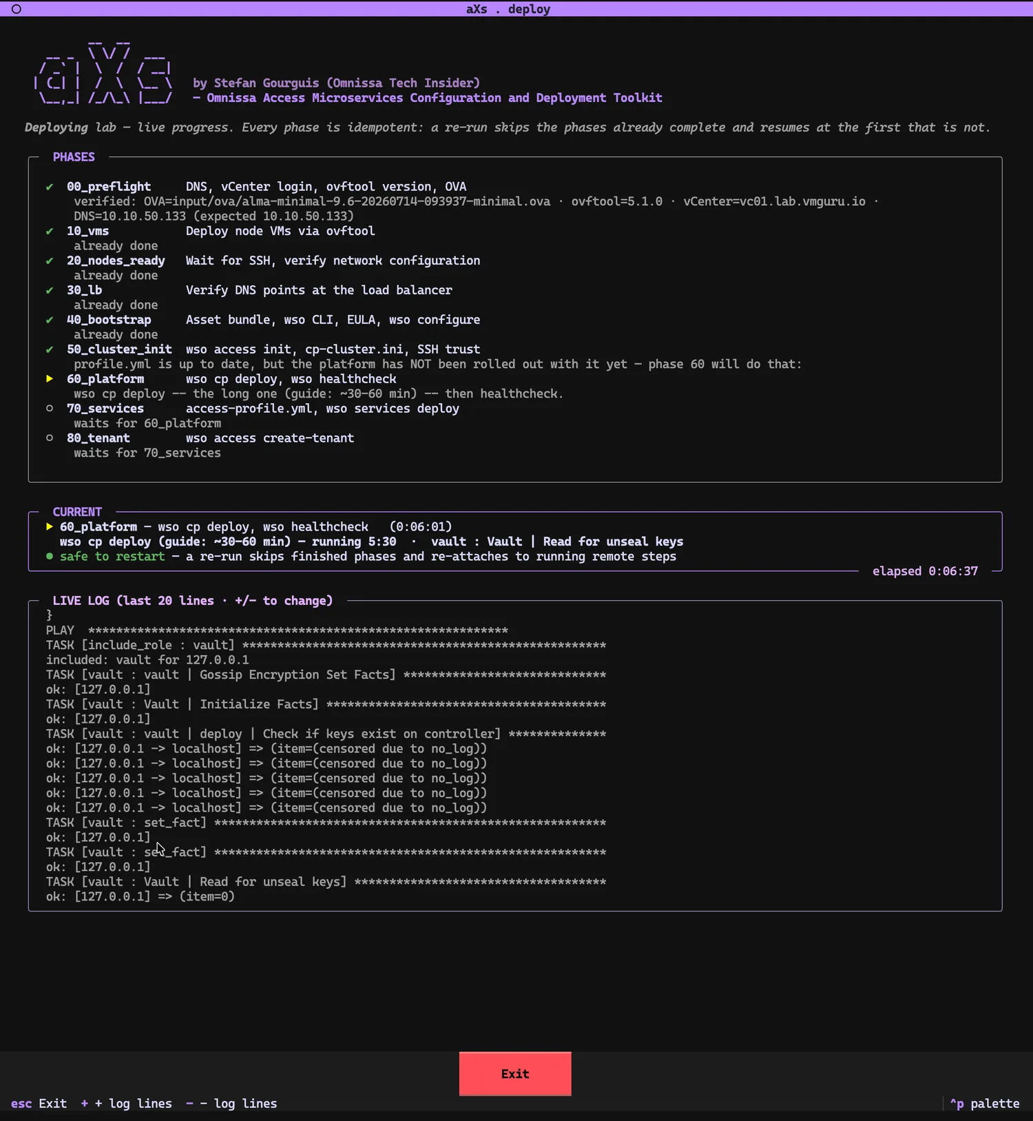 Phase board on the re-run: phases 00 through 40 marked 'already done', 50_cluster_init checked with the note 'profile.yml is up to date, but the platform has NOT been rolled out with it yet — phase 60 will do that:', 60_platform running (wso cp deploy, 5:30 in, Vault reading unseal keys), 70_services and 80_tenant waiting. Elapsed 0:06:37.