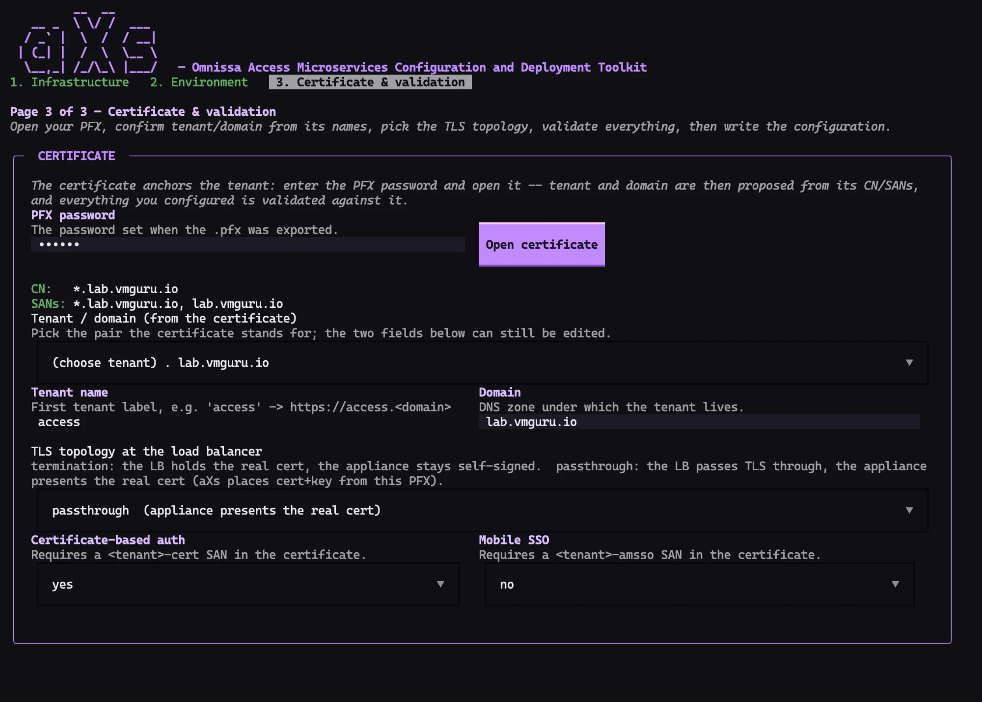 aXs configure, page 3 of 3 — Certificate and validation: PFX password field with Open certificate button, CN and SANs read from the certificate, tenant/domain pair proposed from the SANs, TLS topology dropdown set to passthrough, and toggles for certificate-based auth and Mobile SSO