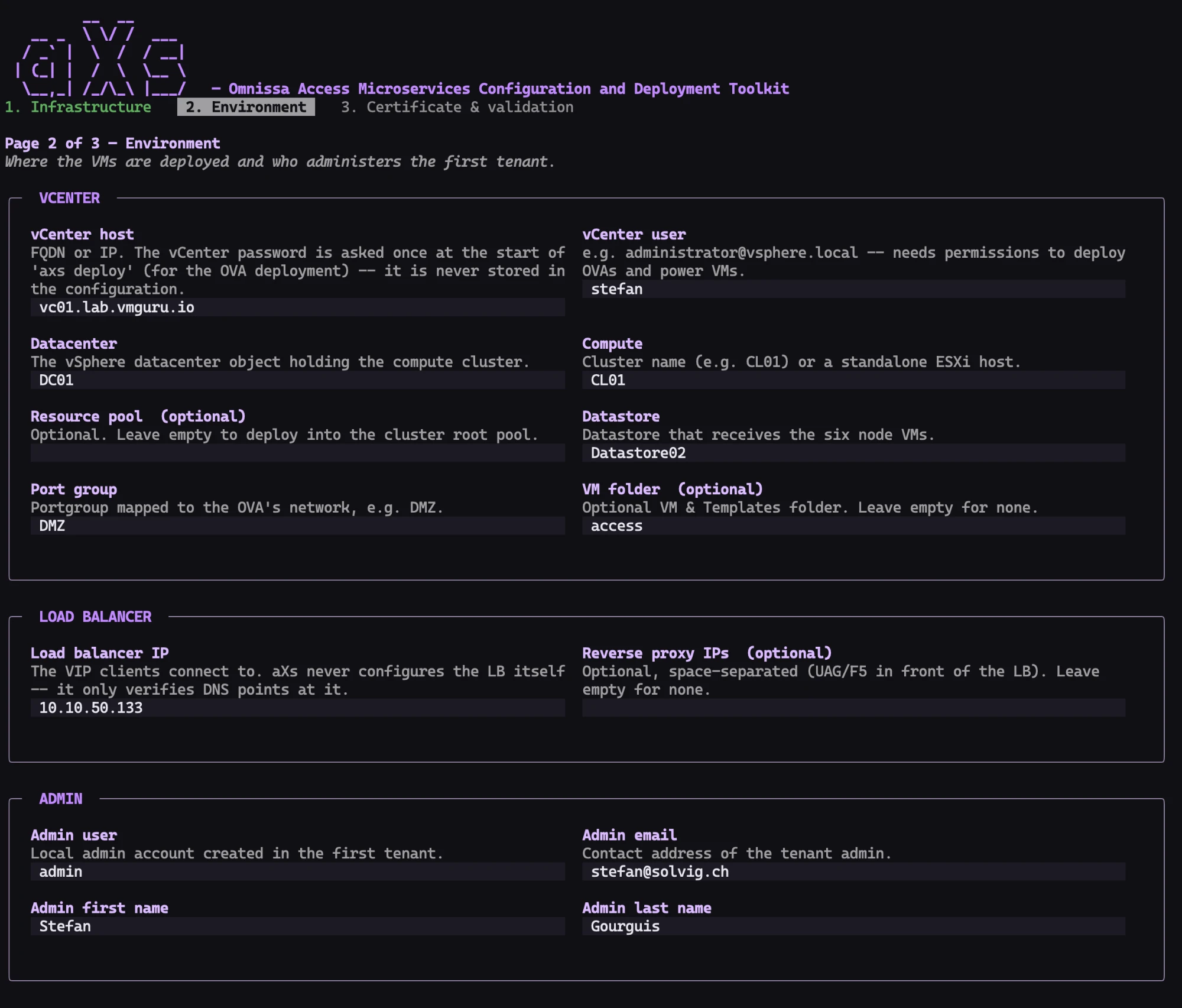 aXs configure, page 2 of 3 — Environment: vCenter section with host, user, datacenter, compute, datastore, port group and optional fields, load balancer VIP with optional reverse proxy IPs, and the admin block for the first tenant