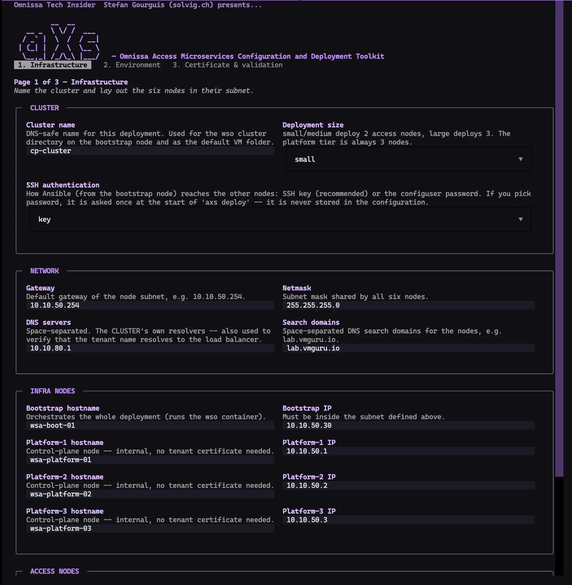 aXs configure, page 1 of 3 — Infrastructure: cluster name and deployment size, SSH authentication dropdown, network section with gateway, netmask, DNS servers and search domains, and the infra nodes with hostnames and IPs