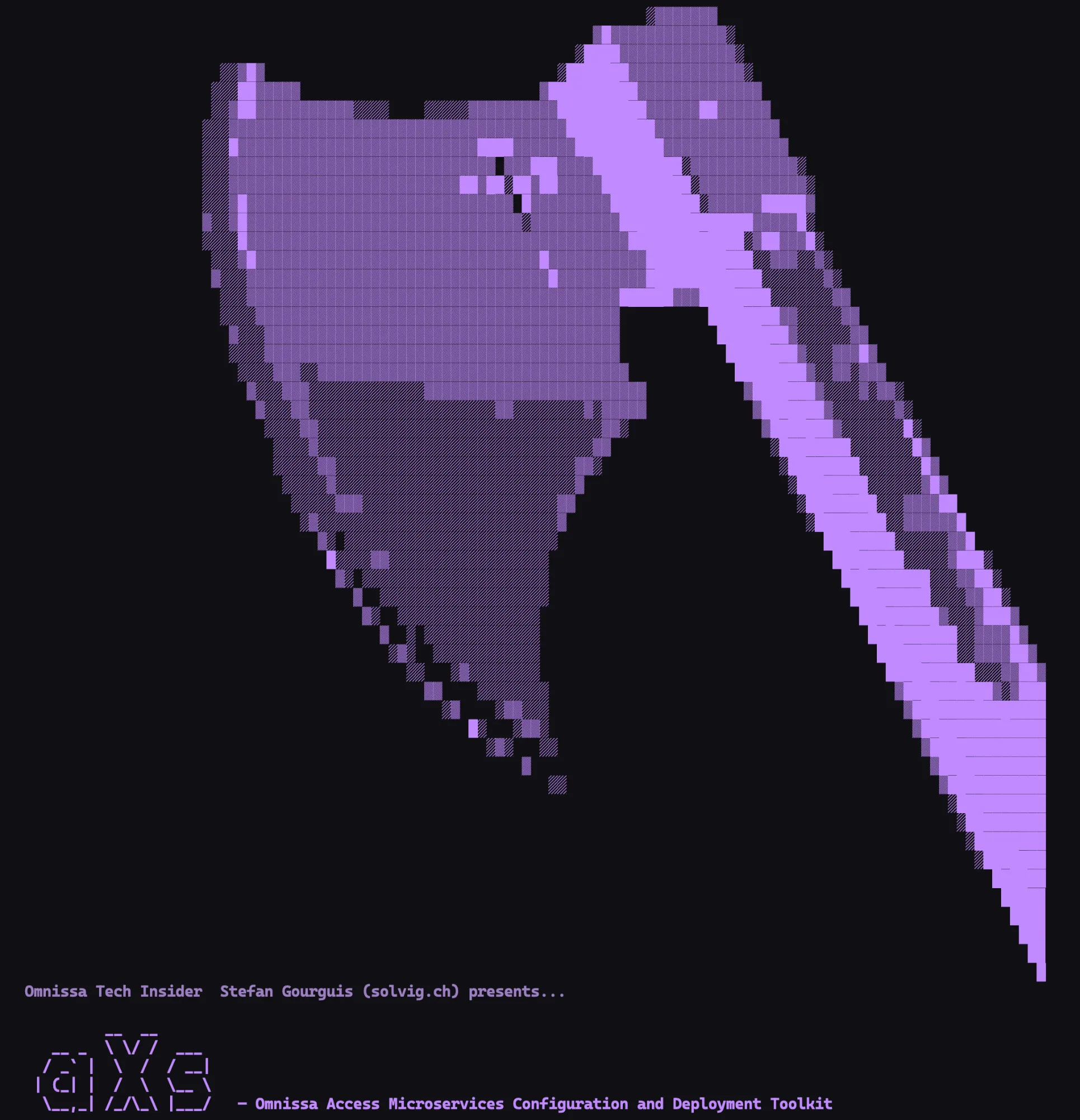 aXs splash: a large ASCII-art axe head rendered in purple on a dark terminal background, above the aXs wordmark — Omnissa Access Microservices Configuration and Deployment Toolkit