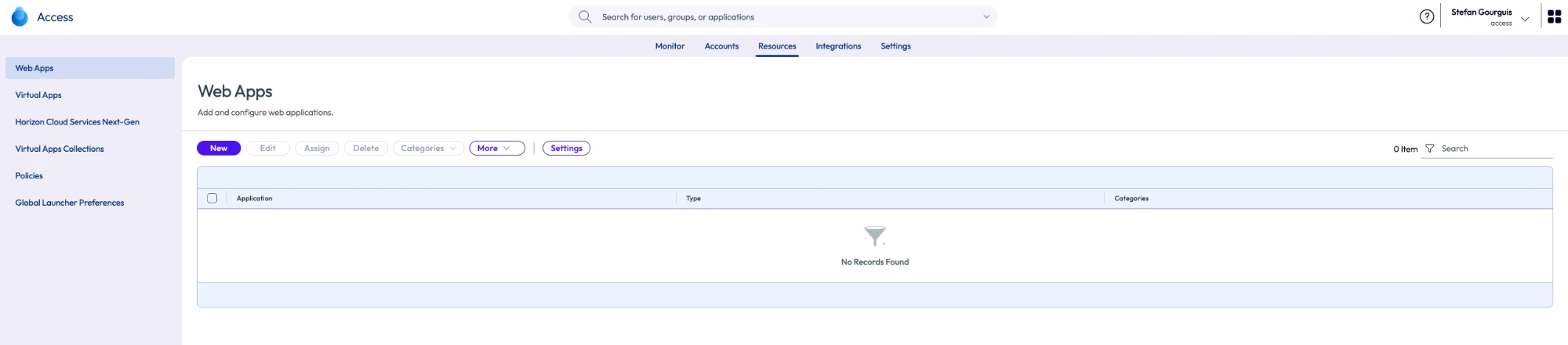 The finished Omnissa Access admin console after the aXs deploy: the Resources → Web Apps view, signed in as Stefan Gourguis on the 'access' tenant, ready for configuration